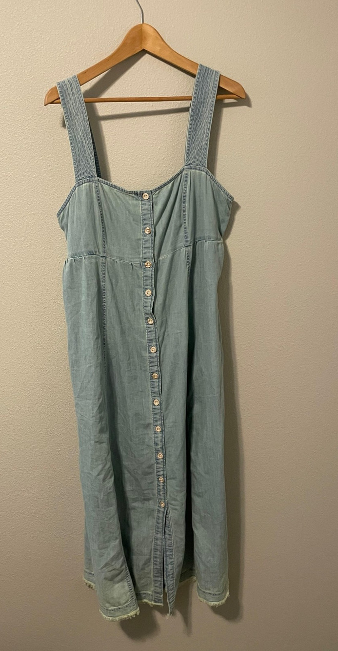 Pilcro Womens Washed Denim Pinafore Dress Large Raw Hem Babydoll Prairie Summer